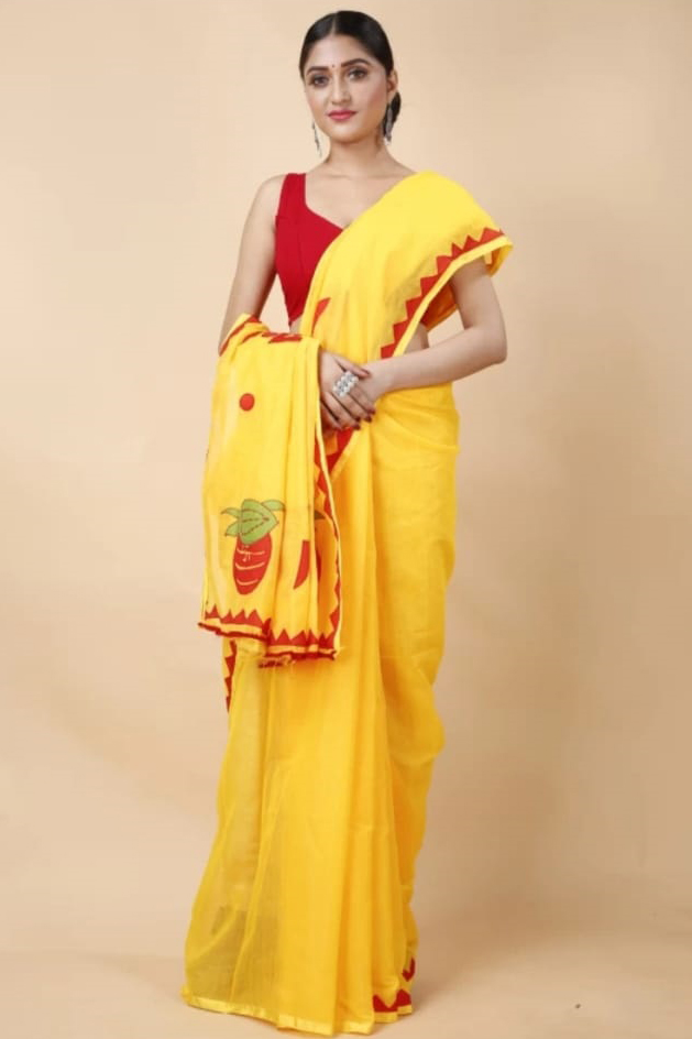 Yellow Red Blended Cotton Albela Hand Painted Saree (9002)